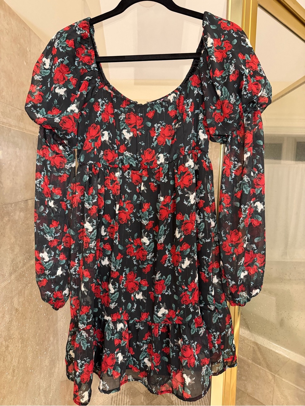 Black Floral Scoop Neck Long Sleeve Mini Dress with Red Roses